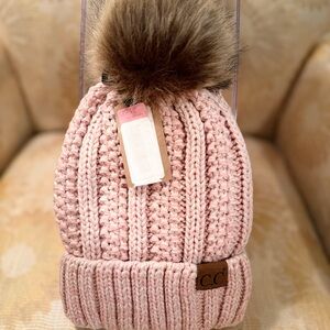 Women’s Blush Knit Beanie with Brown Pom